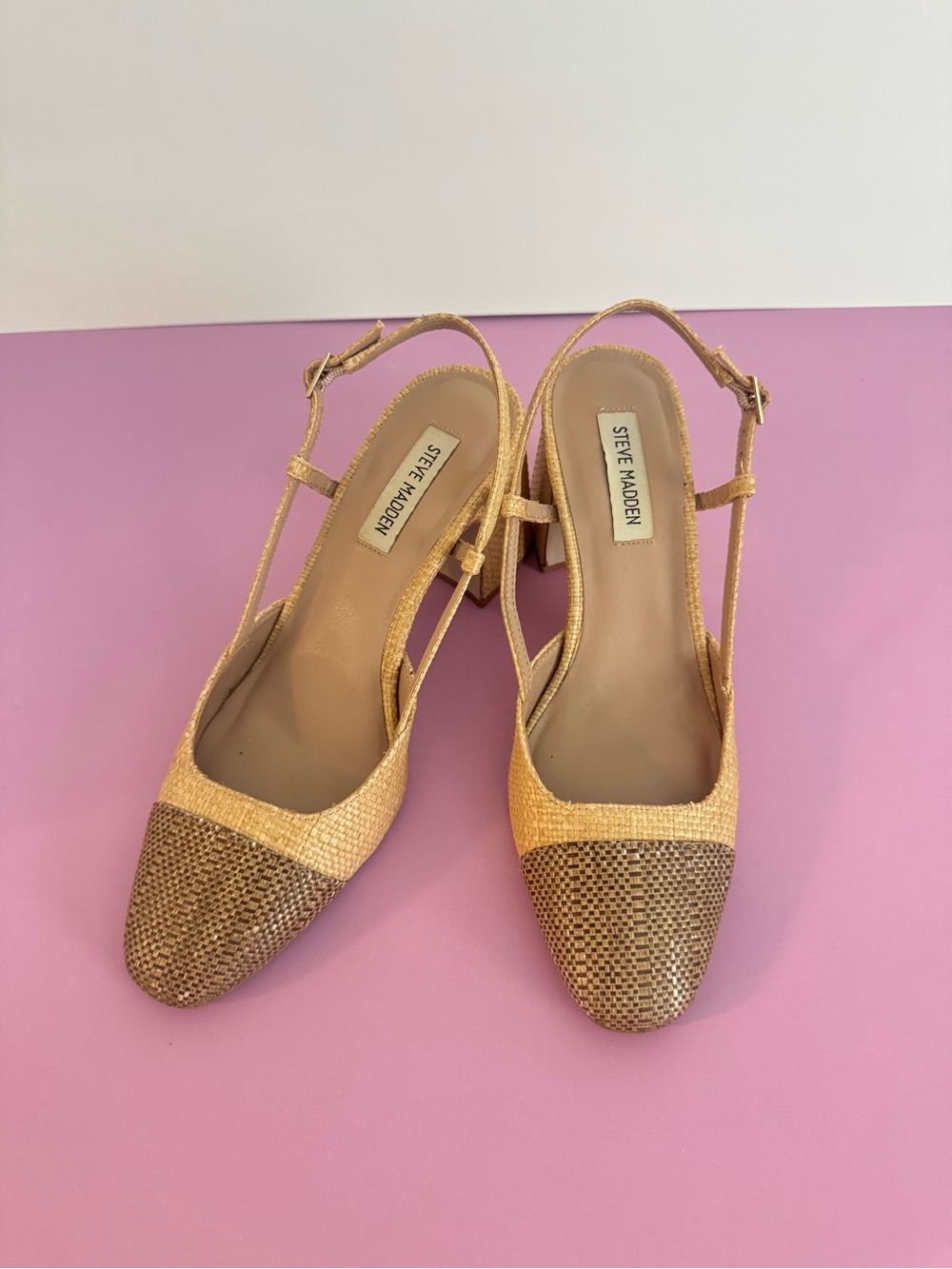 Steve Madden Two-Tone Gold and Brown Woven Slingback Heels